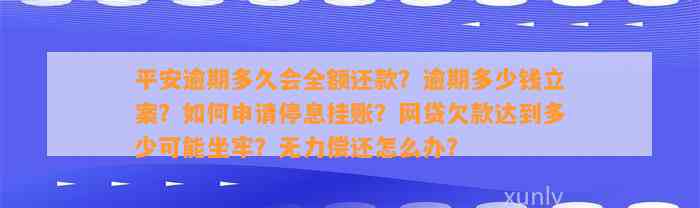 平安逾期多久会全额还款？逾期多少钱立案？怎样申请停息挂账？网贷欠款达到多少可能坐牢？无力偿还怎么办？