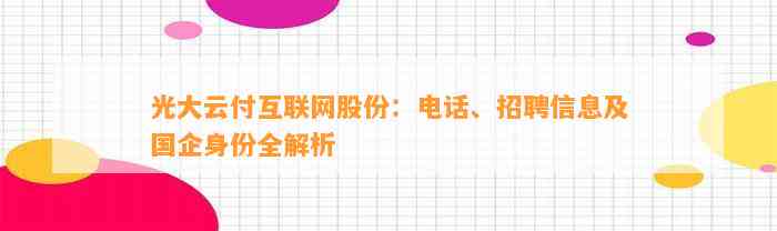 光大云付互联网股份：电话、招聘信息及国企身份全解析