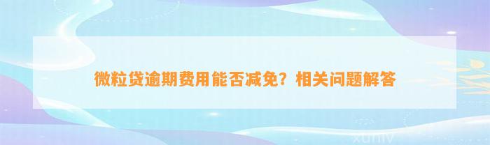 微粒贷逾期费用能否减免？相关问题解答