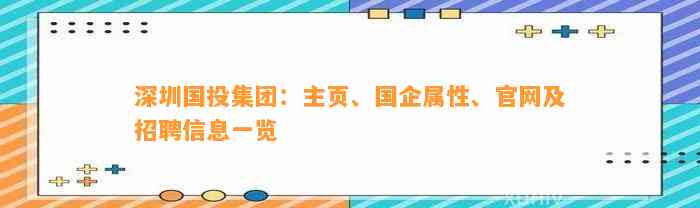 深圳国投集团：主页、国企属性、官网及招聘信息一览