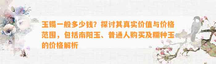 玉镯一般多少钱？探讨其真实价值与价格范围，包括南阳玉、普通人购买及糯种玉的价格解析