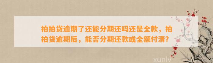 拍拍贷逾期了还能分期还吗还是全款，拍拍贷逾期后，能否分期还款或全额付清？