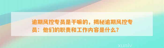 逾期风控专员是干嘛的，揭秘逾期风控专员：他们的职责和工作内容是什么？