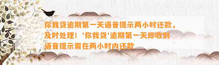 你我贷逾期第一天语音提示两小时还款，及时处理！'你我贷'逾期第一天即收到语音提示需在两小时内还款