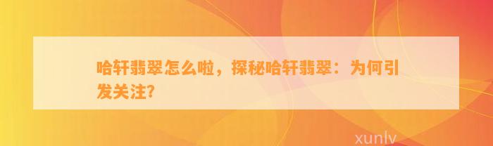 哈轩翡翠怎么啦，探秘哈轩翡翠：为何引发关注？