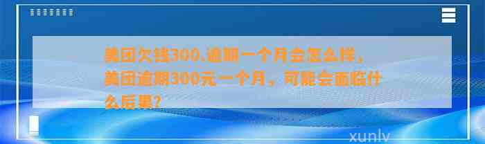 美团欠钱300.逾期一个月会怎么样，美团逾期300元一个月，可能会面临什么后果？