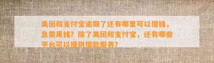 美团和支付宝逾期了还有哪里可以借钱，急需用钱？除了美团和支付宝，还有哪些平台可以提供借款服务？