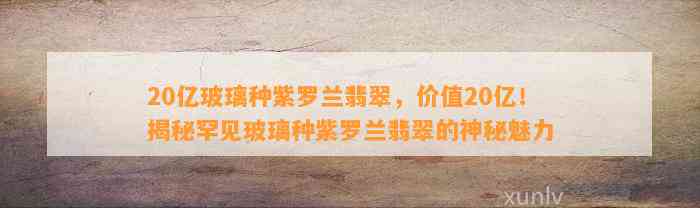 20亿玻璃种紫罗兰翡翠，价值20亿！揭秘罕见玻璃种紫罗兰翡翠的神秘魅力