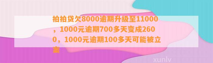 拍拍贷欠8000逾期升级至11000，1000元逾期700多天变成2600，1000元逾期100多天可能被立案