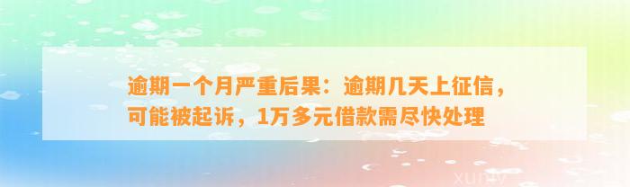 逾期一个月严重后果：逾期几天上征信，可能被起诉，1万多元借款需尽快处理