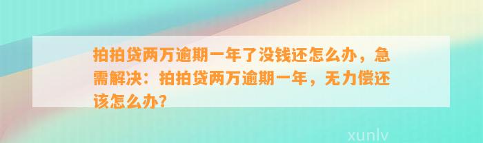 拍拍贷两万逾期一年了没钱还怎么办，急需解决：拍拍贷两万逾期一年，无力偿还该怎么办？