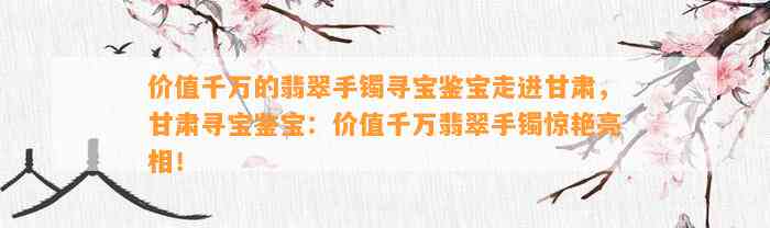 价值千万的翡翠手镯寻宝鉴宝走进甘肃，甘肃寻宝鉴宝：价值千万翡翠手镯惊艳亮相！