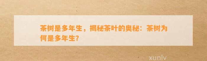 茶树是多年生，揭秘茶叶的奥秘：茶树为何是多年生？