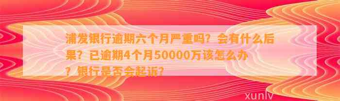 浦发银行逾期六个月严重吗？会有什么后果？已逾期4个月50000万该怎么办？银行是否会起诉？